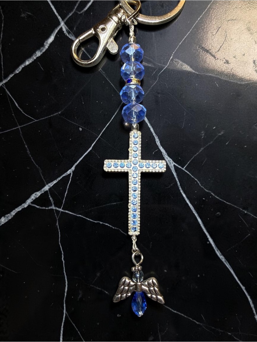 Blue Crystal Cross Bag Charm / Keychain with Angel Accent